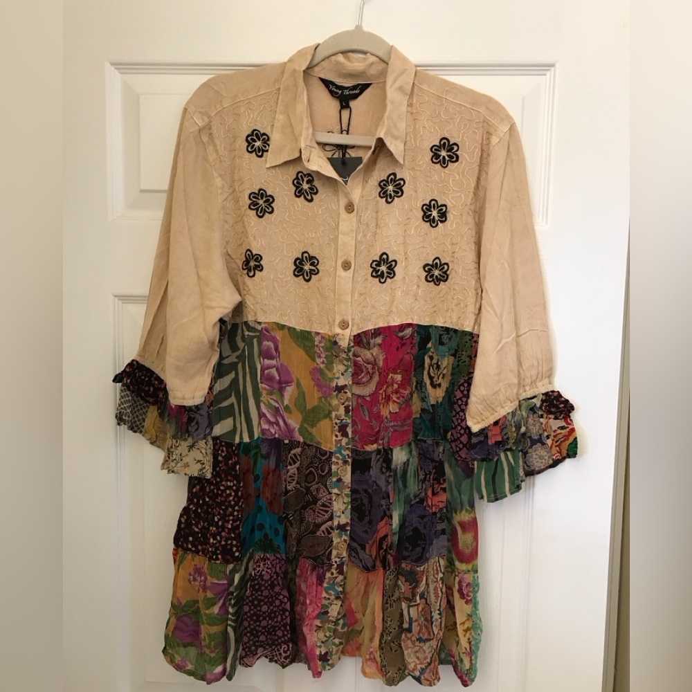 Boho Patchwork Embroidered Tunic Dress in Beige and Multi